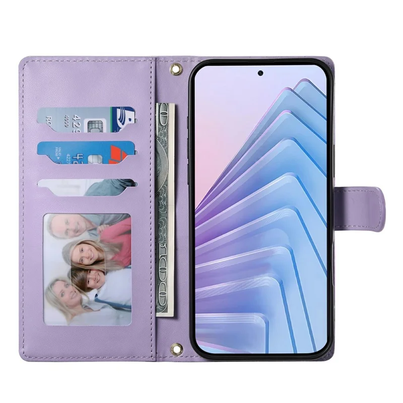 For Xiaomi Poco M7 4G (EU) (171mm) Wallet Case Rhombus Stitching Stand Leather Phone Cover with Long  /  Short Strap - Purple