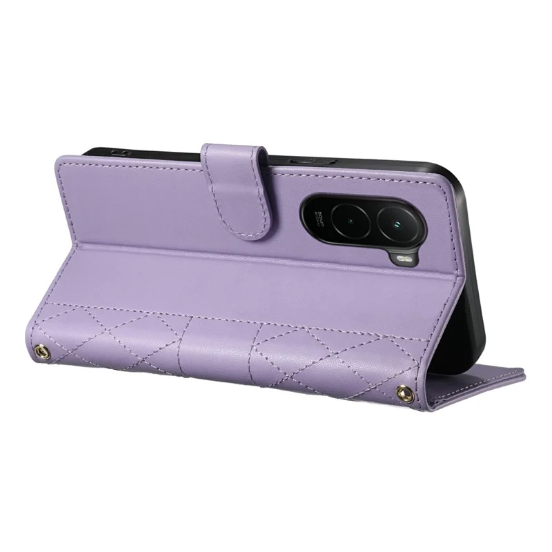 For Xiaomi Poco M7 4G (EU) (171mm) Wallet Case Rhombus Stitching Stand Leather Phone Cover with Long  /  Short Strap - Purple