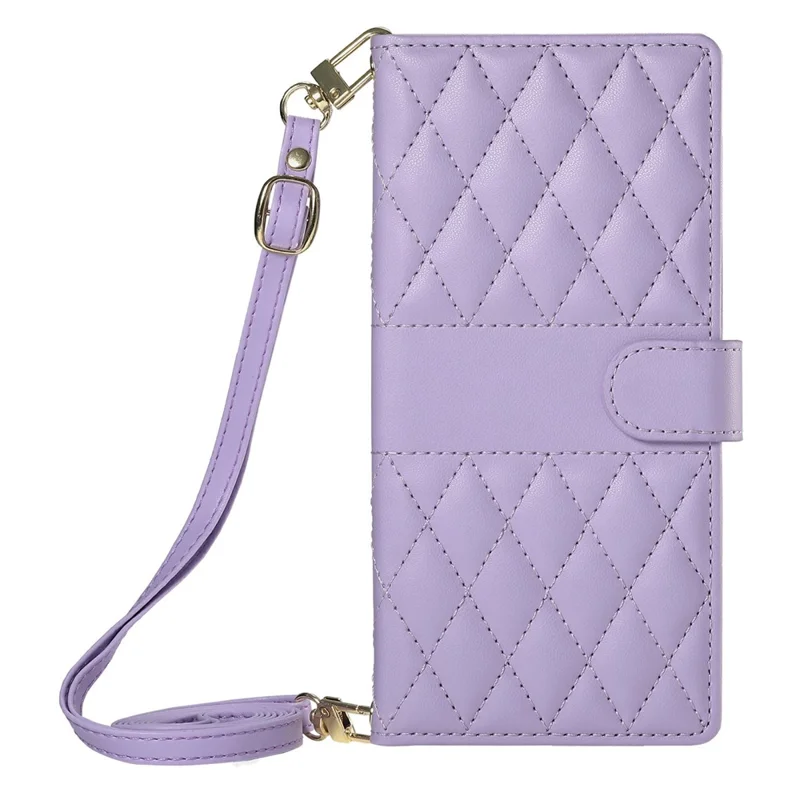 For Xiaomi Poco M7 4G (EU) (171mm) Wallet Case Rhombus Stitching Stand Leather Phone Cover with Long  /  Short Strap - Purple