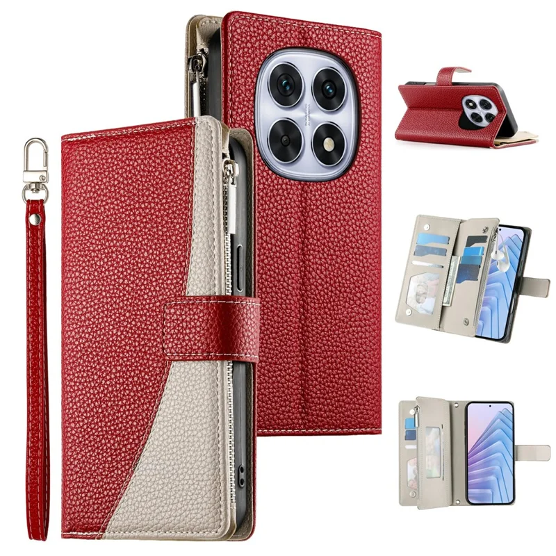 For Xiaomi Redmi Note 15 5G (Global) Case Zipper Wallet Color Splicing Leather Flip Phone Cover with Straps - Red