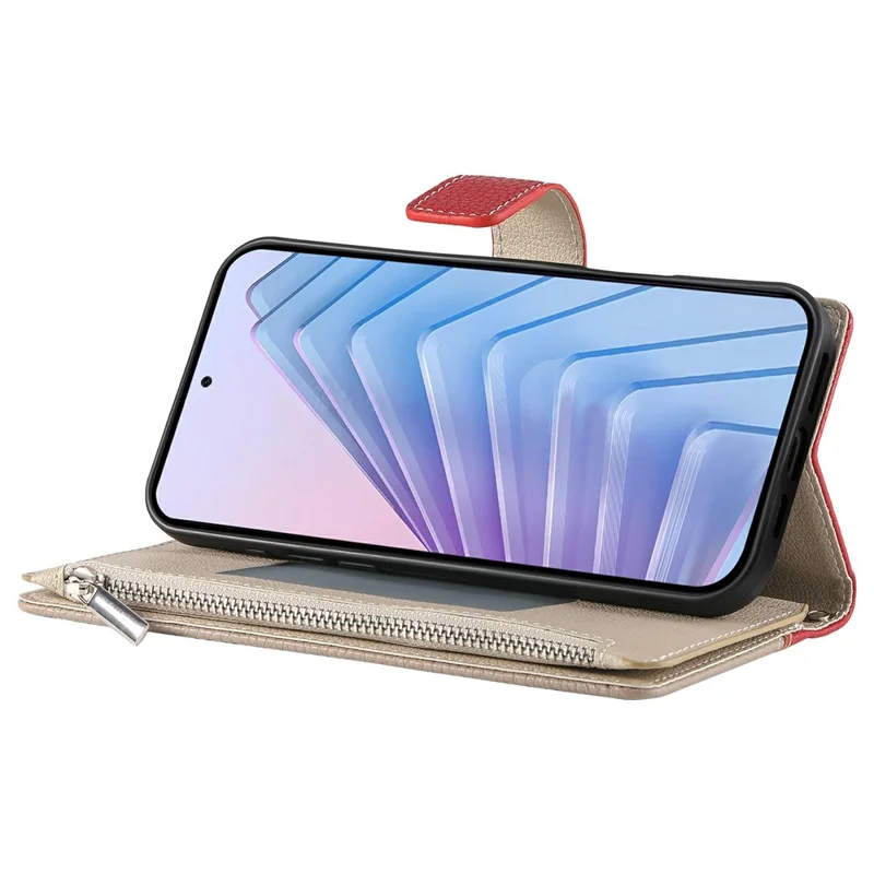 For Xiaomi Redmi Note 15 5G (Global) Case Zipper Wallet Color Splicing Leather Flip Phone Cover with Straps - Red