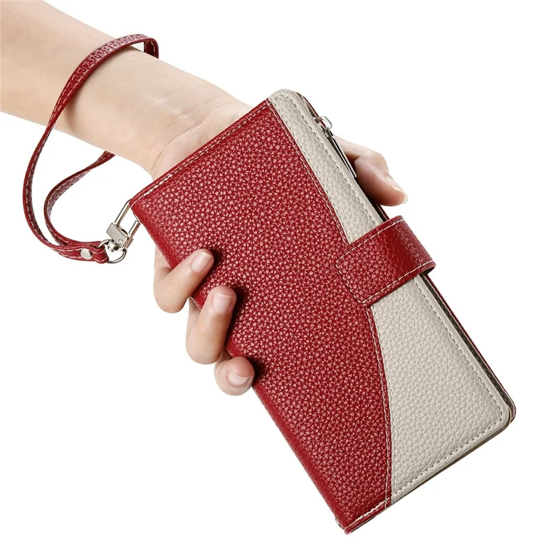 For Xiaomi Redmi Note 15 5G (Global) Case Zipper Wallet Color Splicing Leather Flip Phone Cover with Straps - Red