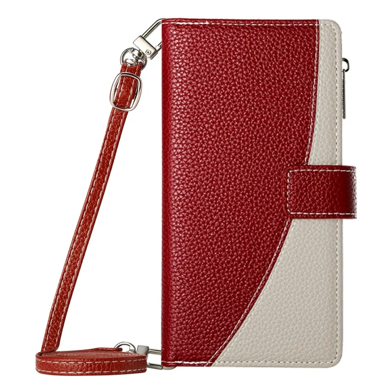 For Xiaomi Redmi Note 15 5G (Global) Case Zipper Wallet Color Splicing Leather Flip Phone Cover with Straps - Red