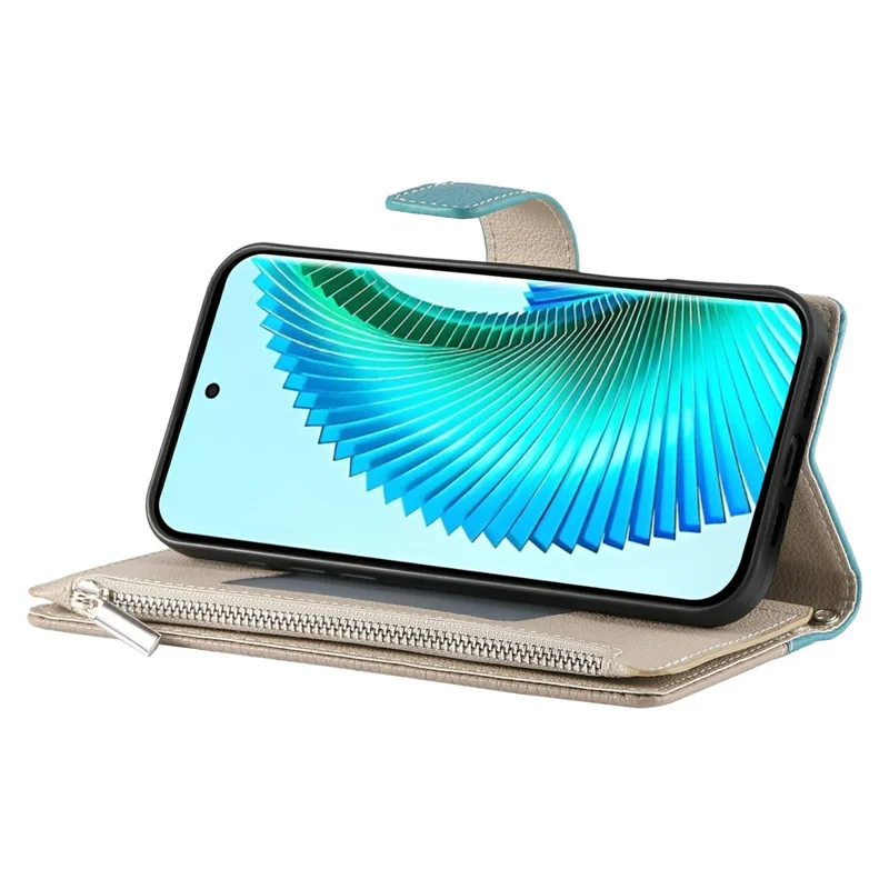 For Xiaomi Poco M7 4G (EU) (171mm) Case Zipper Wallet Color Splicing Leather Flip Phone Cover with Straps - Lake Blue