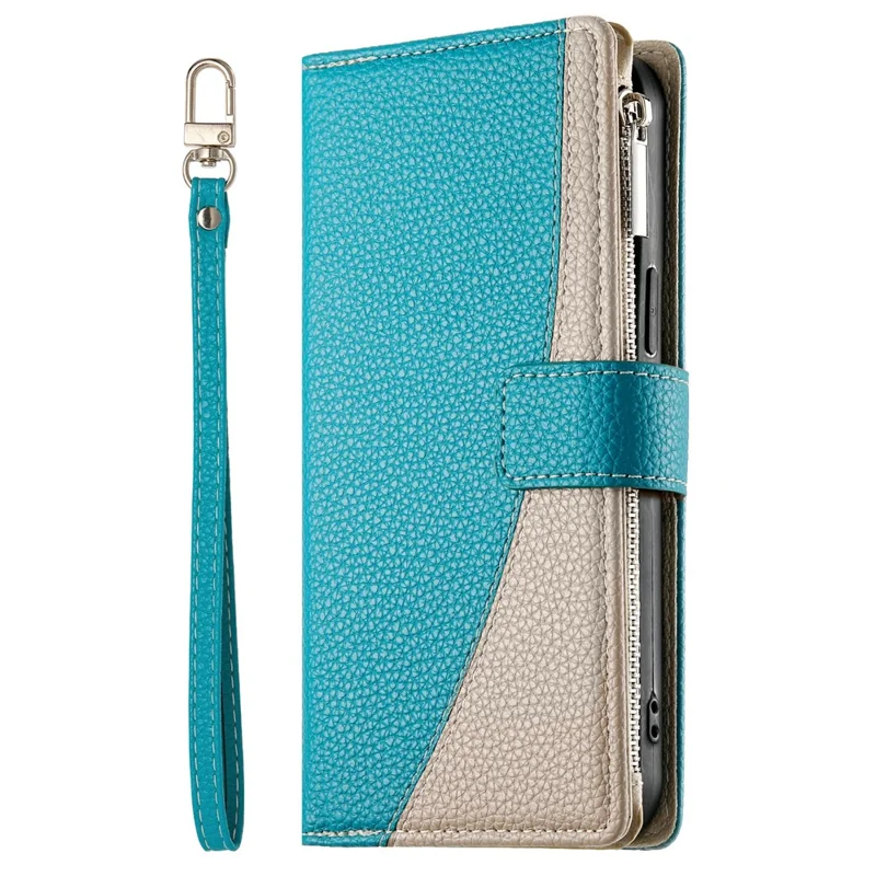 For Xiaomi Poco M7 4G (EU) (171mm) Case Zipper Wallet Color Splicing Leather Flip Phone Cover with Straps - Lake Blue
