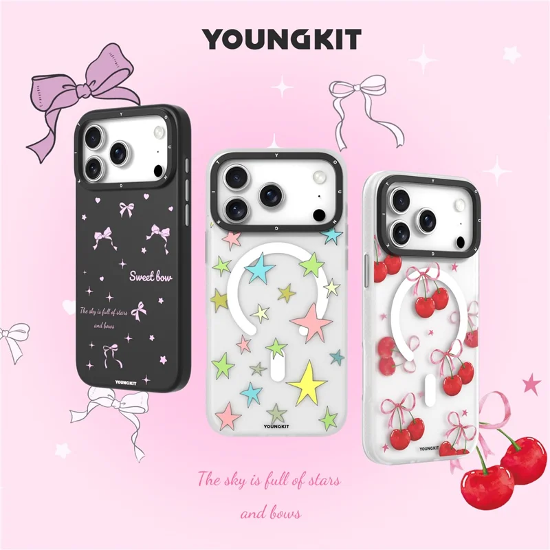 YOUNGKIT Sweetheart Story Series For iPhone 17 Pro Max Magnetic Case IMD Shockproof TPU Phone Back Cover - Cherry Language