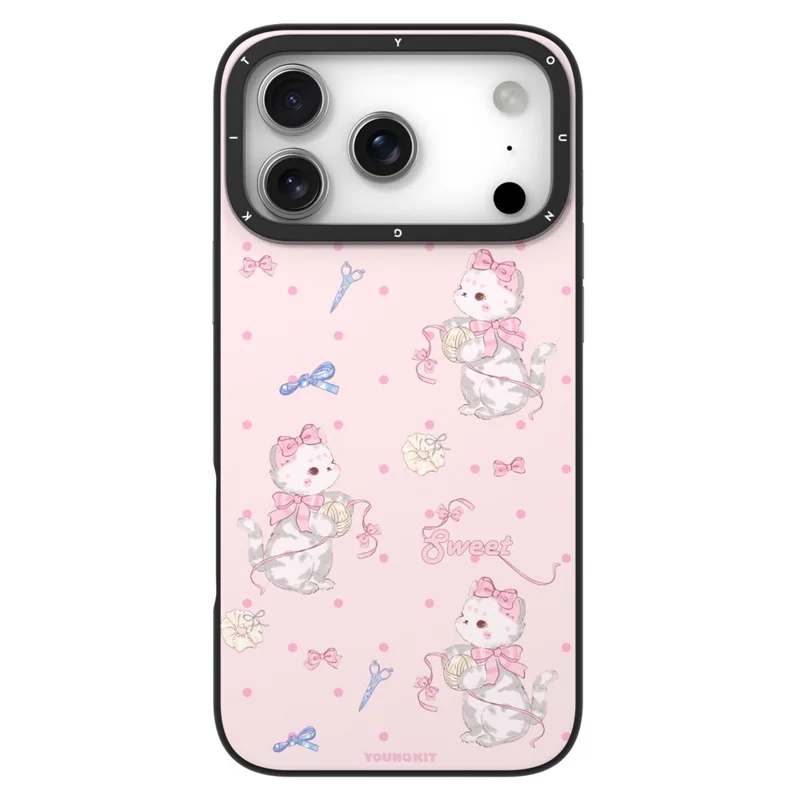 YOUNGKIT Cute Moments Series For iPhone 17 Pro Max Magnetic Case IMD Shockproof TPU Phone Back Cover - Pink Sugar Kitten