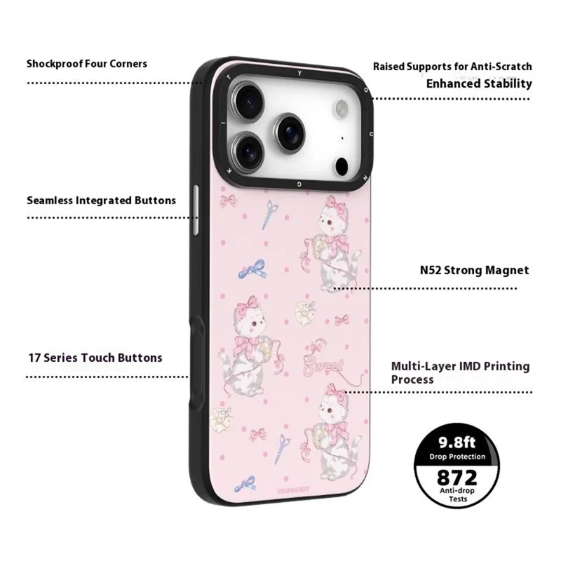 YOUNGKIT Cute Moments Series For iPhone 17 Pro Max Magnetic Case IMD Shockproof TPU Phone Back Cover - Pink Sugar Kitten