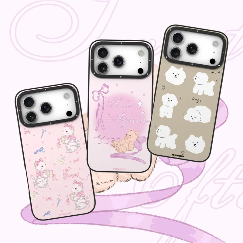 YOUNGKIT Cute Moments Series For iPhone 17 Pro Magnetic Case IMD Shockproof TPU Phone Back Cover - Pink Sugar Kitten