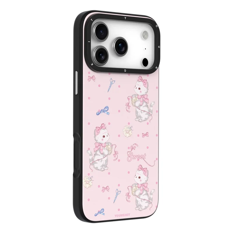 YOUNGKIT Cute Moments Series For iPhone 17 Pro Magnetic Case IMD Shockproof TPU Phone Back Cover - Pink Sugar Kitten