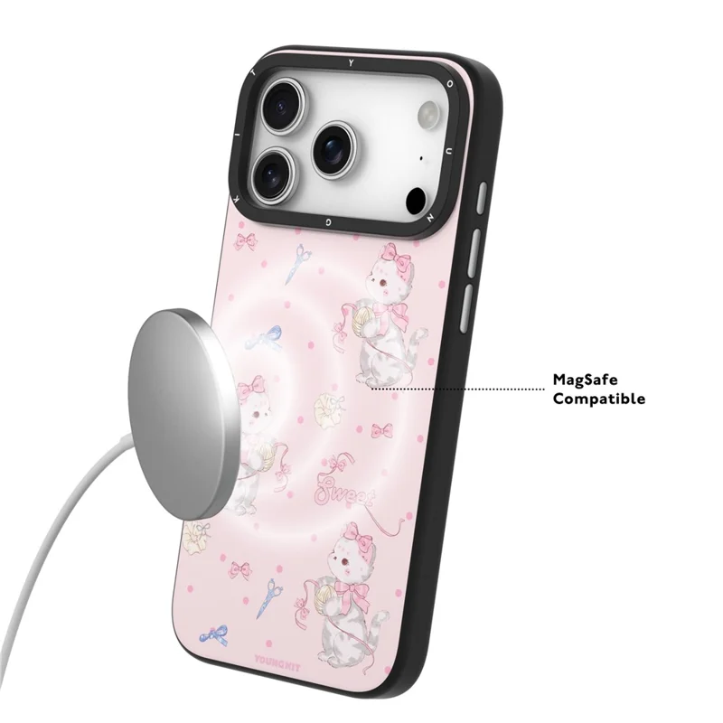 YOUNGKIT Cute Moments Series For iPhone 17 Pro Magnetic Case IMD Shockproof TPU Phone Back Cover - Pink Sugar Kitten