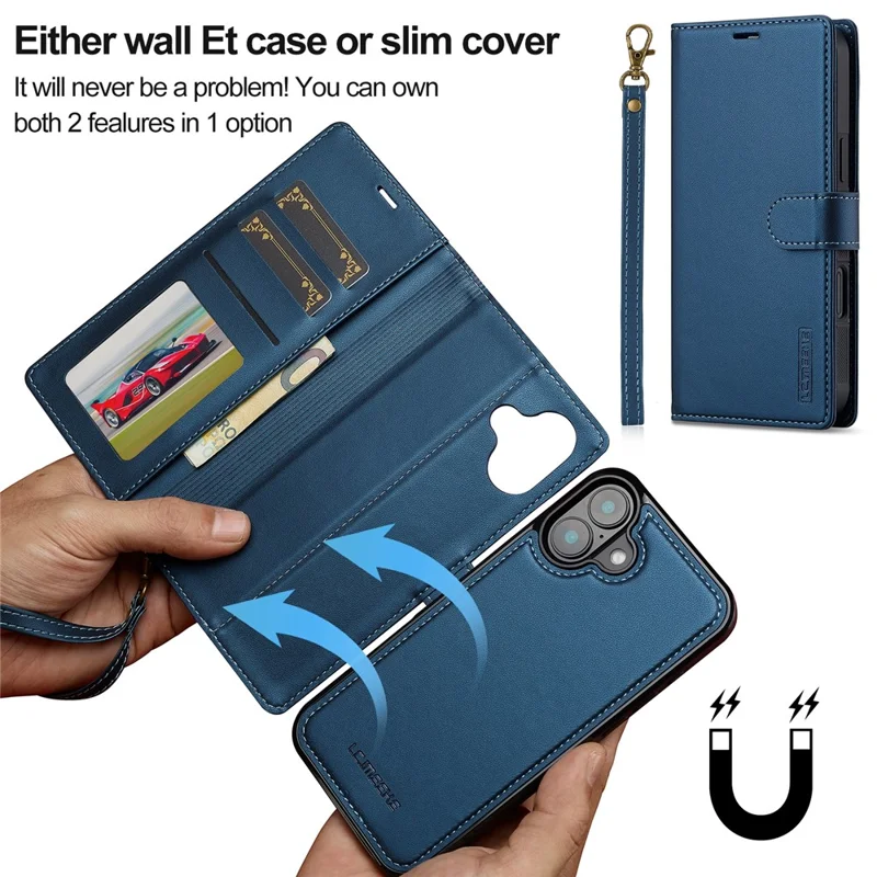 LC.IMEEKE L2 Series for iPhone 17 Case PU Leather Wallet Detachable Magnetic Phone Cover - Blue