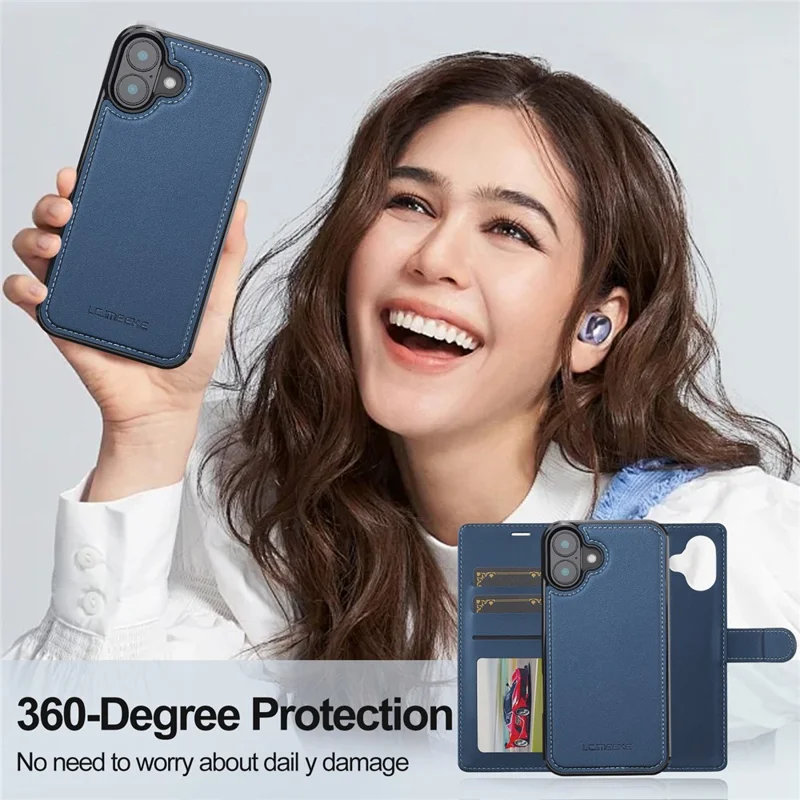 LC.IMEEKE L2 Series for iPhone 17 Case PU Leather Wallet Detachable Magnetic Phone Cover - Blue