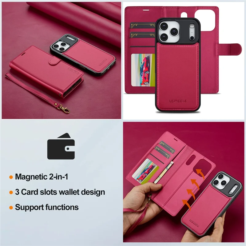 LC.IMEEKE L2 Series for iPhone 17 Pro Case PU Leather Wallet Detachable Magnetic Phone Cover - Red