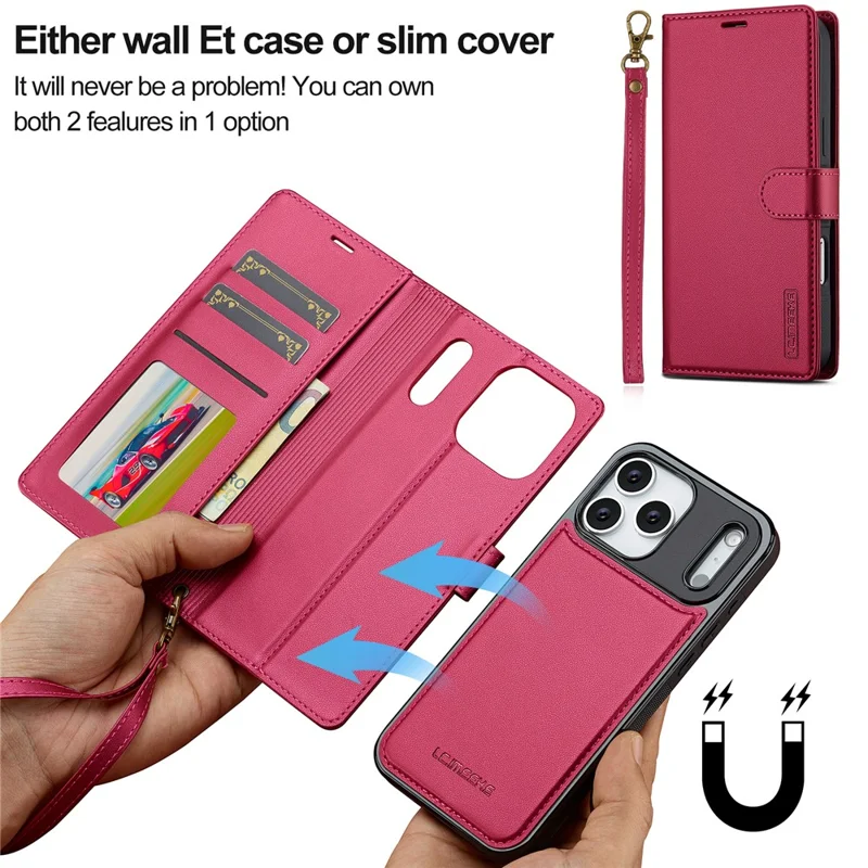LC.IMEEKE L2 Series for iPhone 17 Pro Case PU Leather Wallet Detachable Magnetic Phone Cover - Red