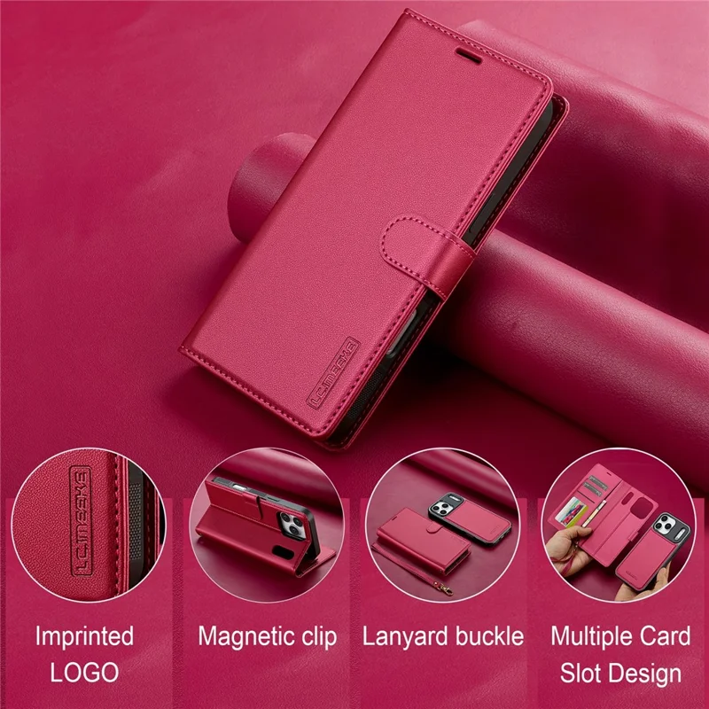 LC.IMEEKE L2 Series for iPhone 17 Pro Case PU Leather Wallet Detachable Magnetic Phone Cover - Red