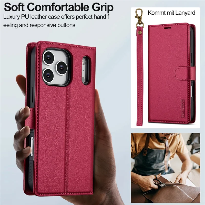 LC.IMEEKE L2 Series for iPhone 17 Pro Case PU Leather Wallet Detachable Magnetic Phone Cover - Red
