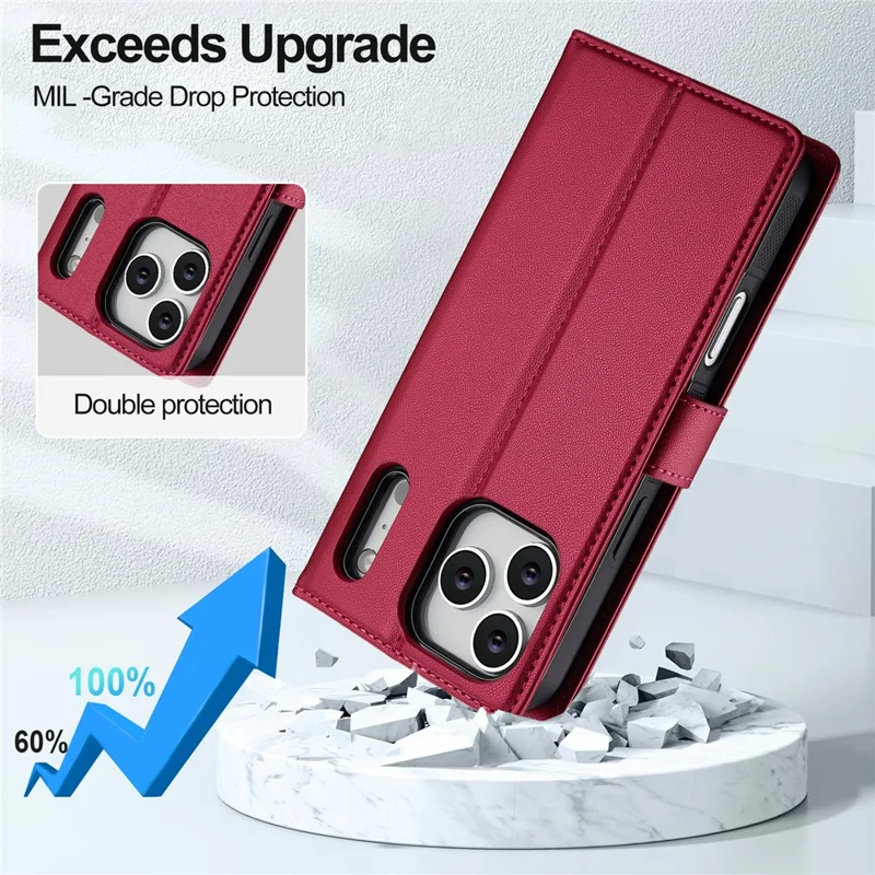 LC.IMEEKE L2 Series for iPhone 17 Pro Case PU Leather Wallet Detachable Magnetic Phone Cover - Red