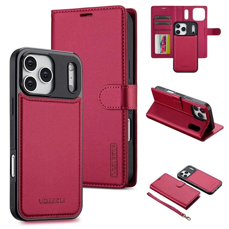 LC.IMEEKE L2 Series for iPhone 17 Pro Max Case PU Leather Wallet Detachable Magnetic Phone Cover - Red
