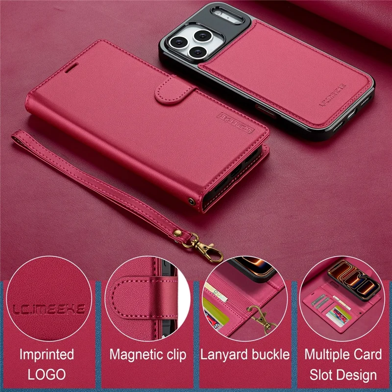 LC.IMEEKE L2 Series for iPhone 17 Pro Max Case PU Leather Wallet Detachable Magnetic Phone Cover - Red