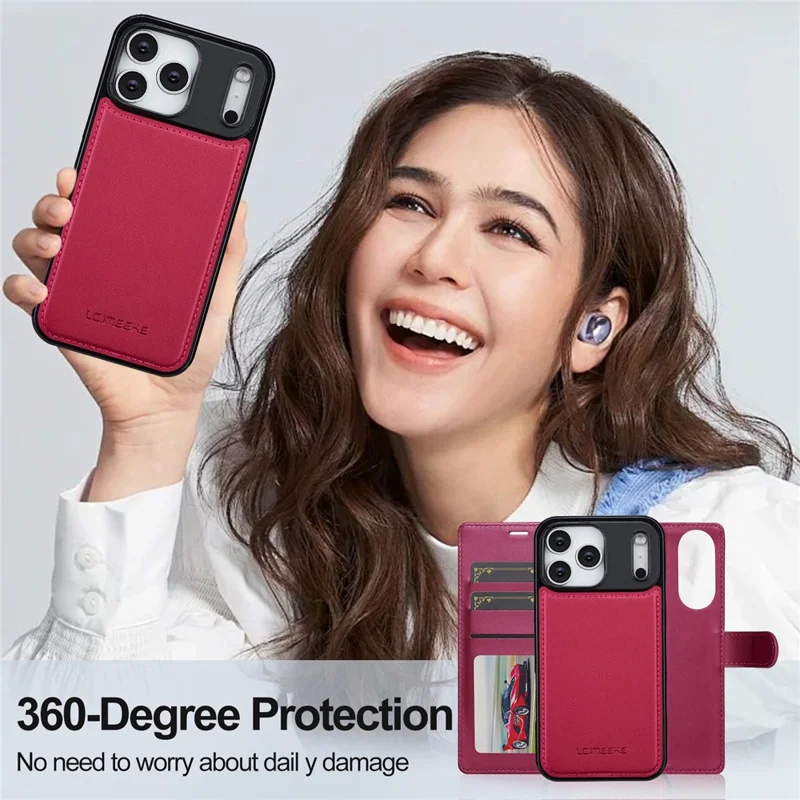 LC.IMEEKE L2 Series for iPhone 17 Pro Max Case PU Leather Wallet Detachable Magnetic Phone Cover - Red