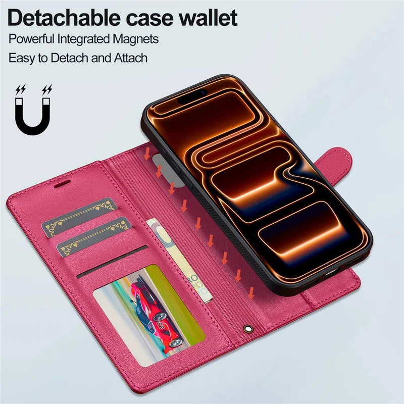 LC.IMEEKE L2 Series for iPhone 17 Pro Max Case PU Leather Wallet Detachable Magnetic Phone Cover - Red