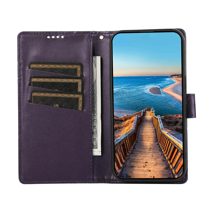 For Xiaomi Redmi Note 15 5G (Global) Phone Case Line Imprint Leather Wallet Cover with Wrist Strap - Purple