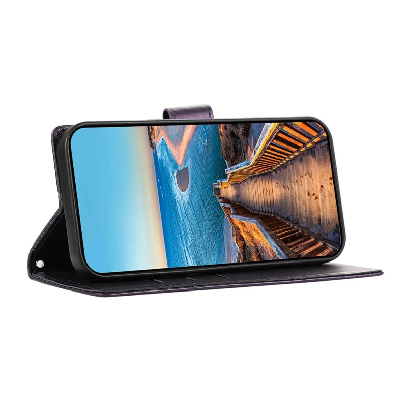 For Xiaomi Redmi Note 15 5G (Global) Phone Case Line Imprint Leather Wallet Cover with Wrist Strap - Purple