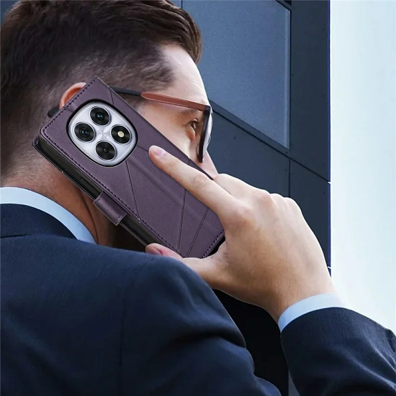 For Xiaomi Redmi Note 15 5G (Global) Phone Case Line Imprint Leather Wallet Cover with Wrist Strap - Purple