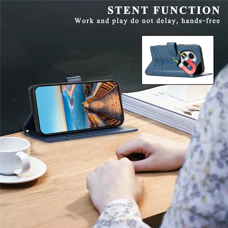 Telefoonhoesje voor Xiaomi Redmi Note 15 Pro 5G met lijndessin, lederen portemonnee-achtig hoesje met polsbandje - Blauw