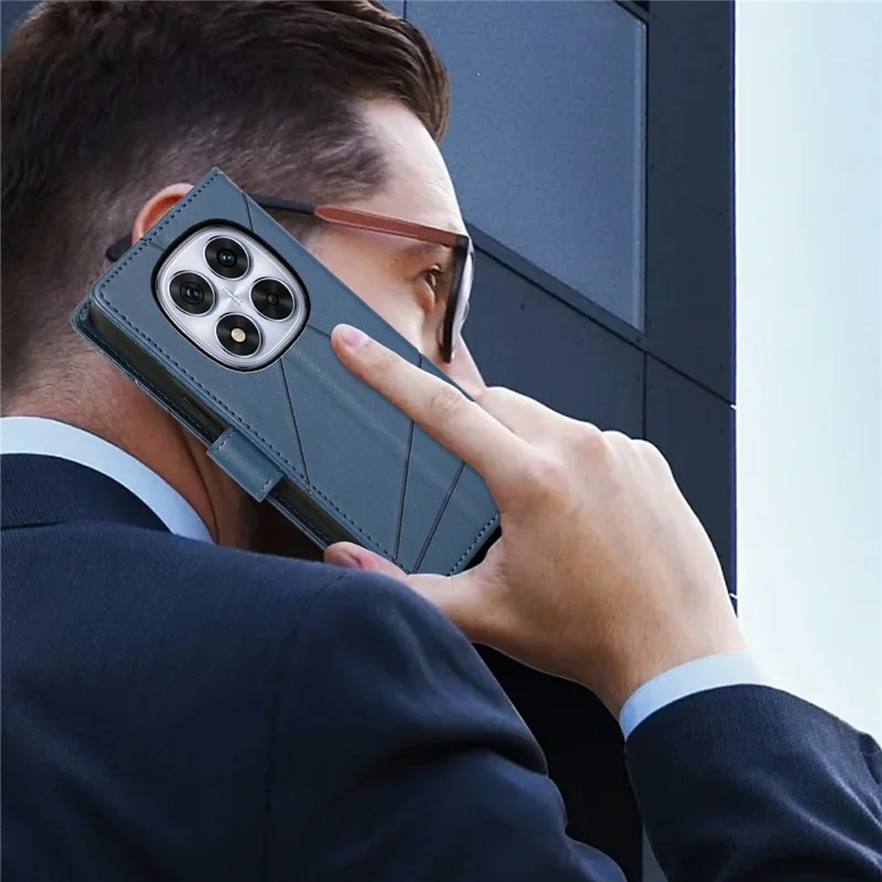 Telefoonhoesje voor Xiaomi Redmi Note 15 Pro 5G met lijndessin, lederen portemonnee-achtig hoesje met polsbandje - Blauw