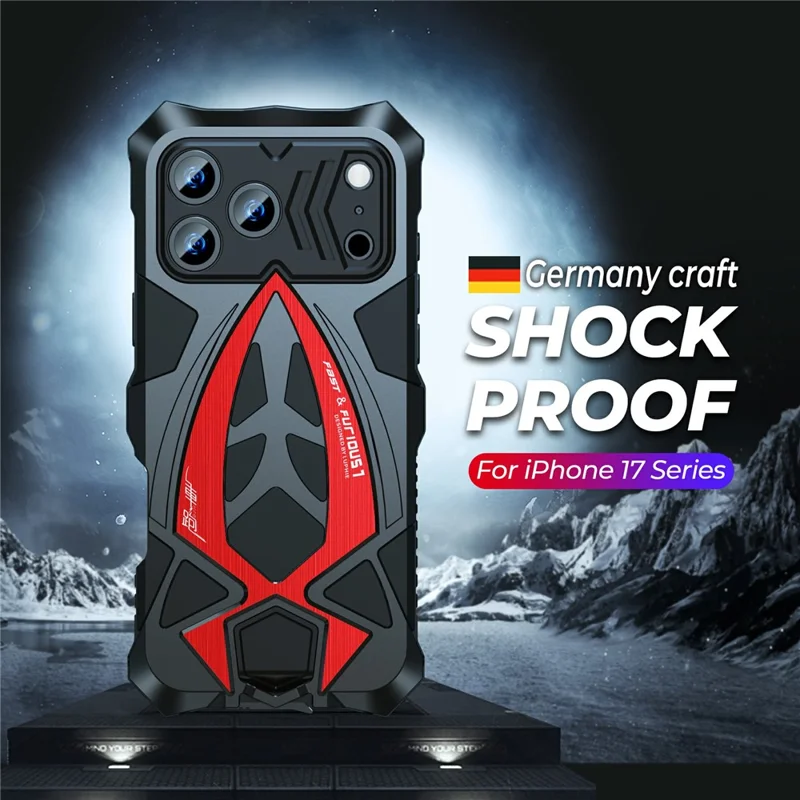 LUPHIE For iPhone 17 Pro Max Case Sports Car Design Shockproof Metal + TPU Phone Cover with Screen Protector - Black  /  Red