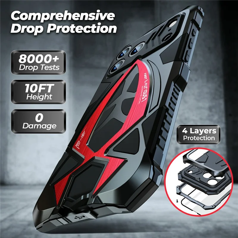 LUPHIE For iPhone 17 Pro Max Case Sports Car Design Shockproof Metal + TPU Phone Cover with Screen Protector - Black  /  Red
