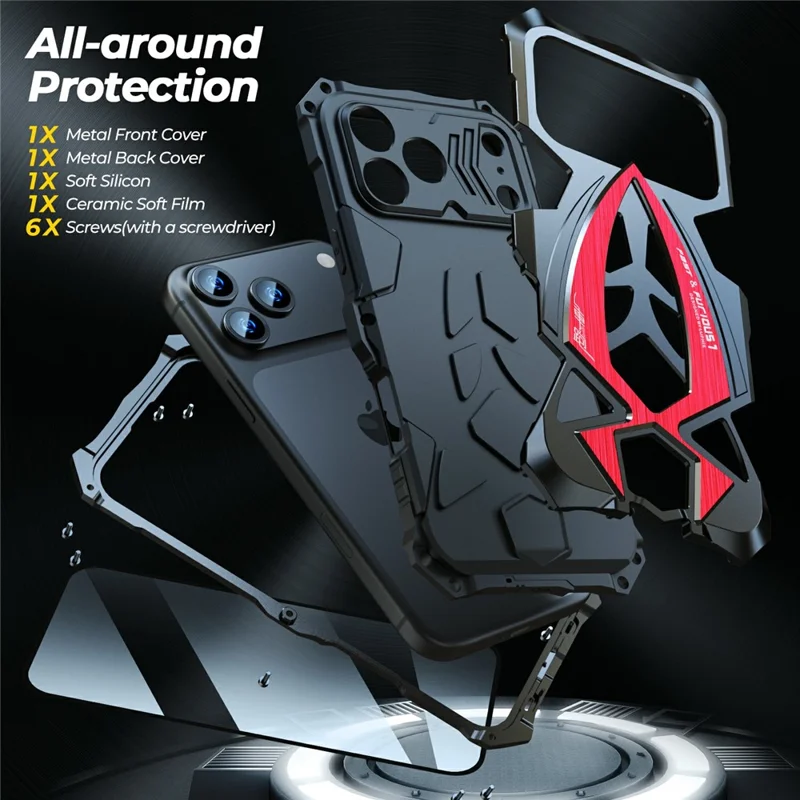 LUPHIE For iPhone 17 Pro Max Case Sports Car Design Shockproof Metal + TPU Phone Cover with Screen Protector - Black  /  Red