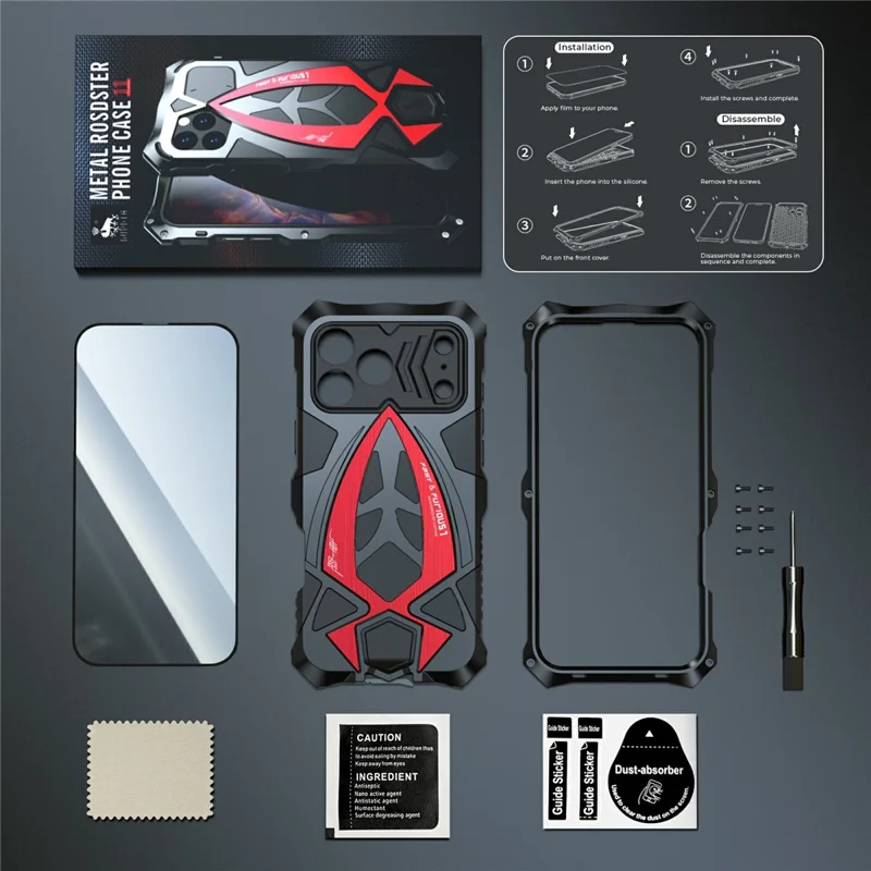 LUPHIE For iPhone 17 Pro Max Case Sports Car Design Shockproof Metal + TPU Phone Cover with Screen Protector - Black  /  Red