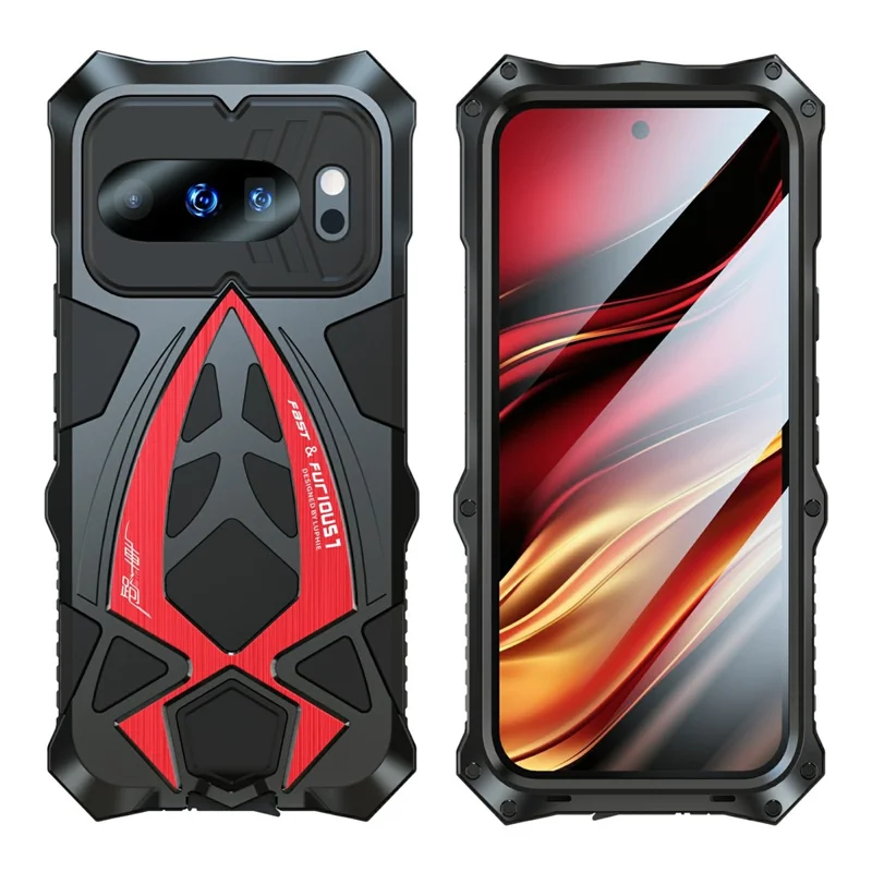 LUPHIE For Google Pixel 10 Pro  /  Pixel 10 Case Sports Car Design Shockproof Metal + TPU Phone Cover with Screen Protector - Black  /  Red