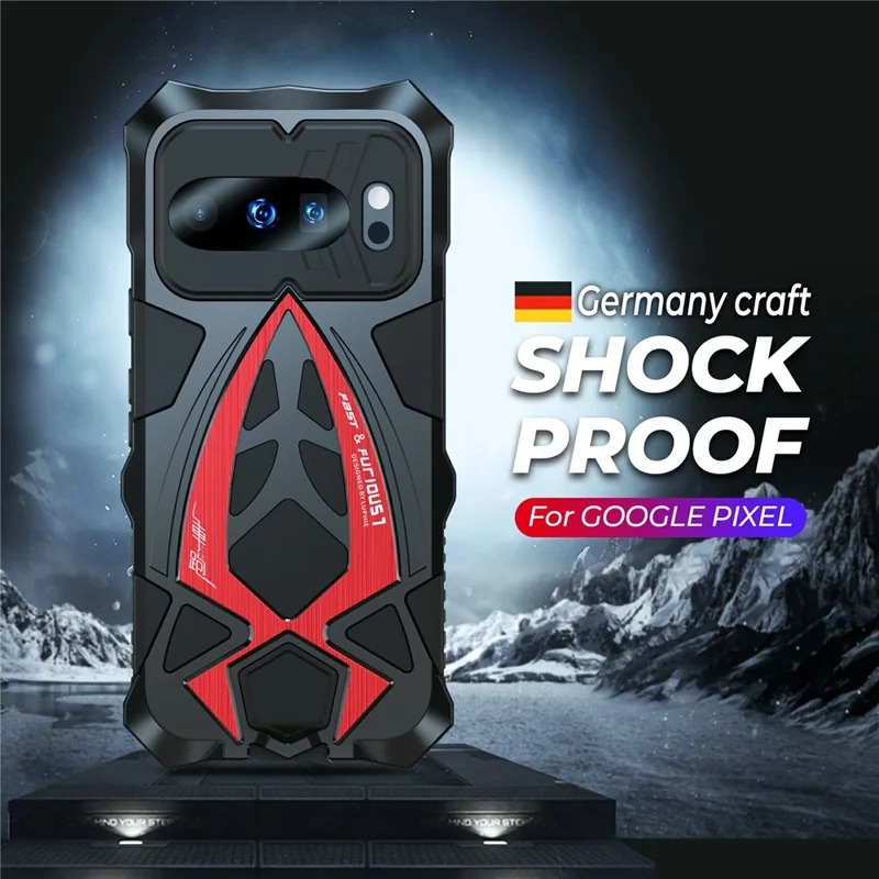 LUPHIE For Google Pixel 10 Pro  /  Pixel 10 Case Sports Car Design Shockproof Metal + TPU Phone Cover with Screen Protector - Black  /  Red