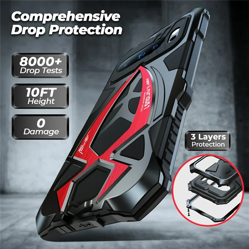 LUPHIE For Google Pixel 10 Pro  /  Pixel 10 Case Sports Car Design Shockproof Metal + TPU Phone Cover with Screen Protector - Black  /  Red