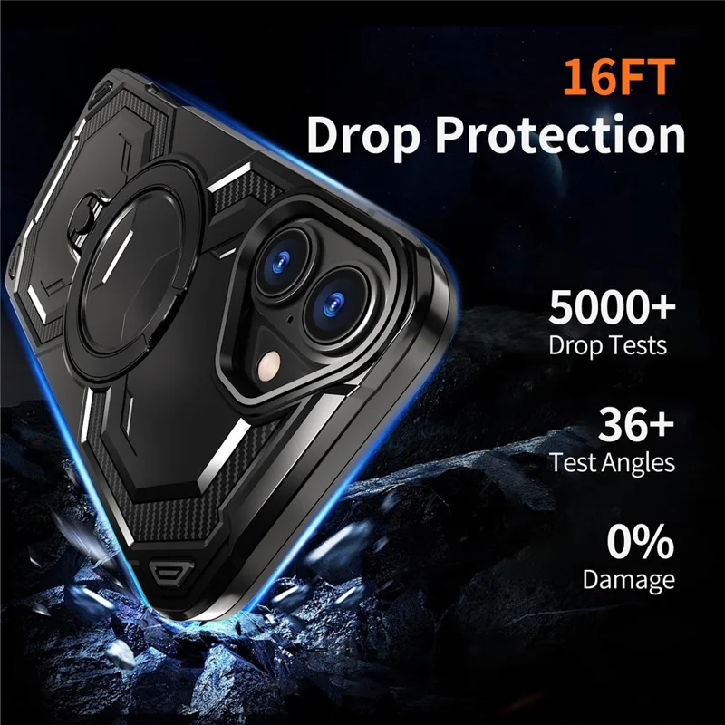 For iPhone 16 Plus Magnetic Case Ring Kickstand PC + TPU Hybrid Phone Cover - Black