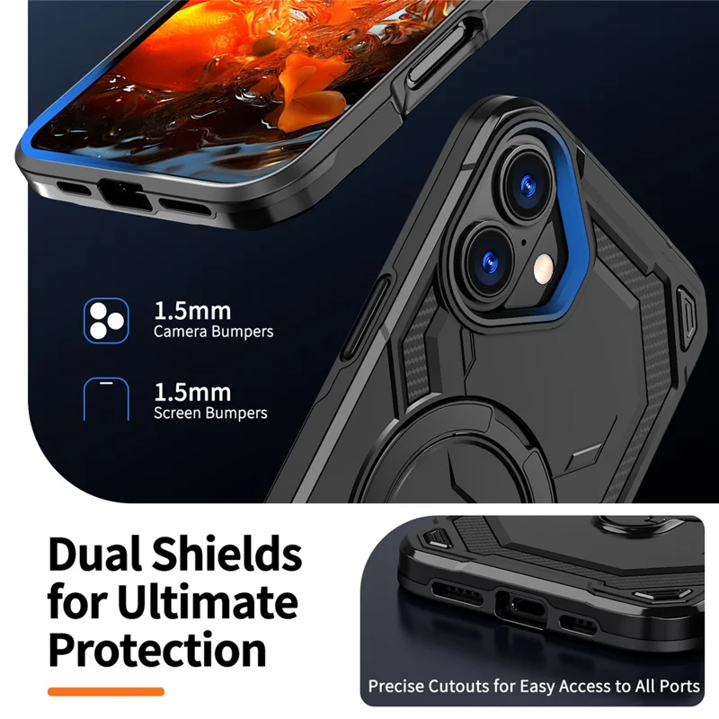 For iPhone 16 Plus Magnetic Case Ring Kickstand PC + TPU Hybrid Phone Cover - Black