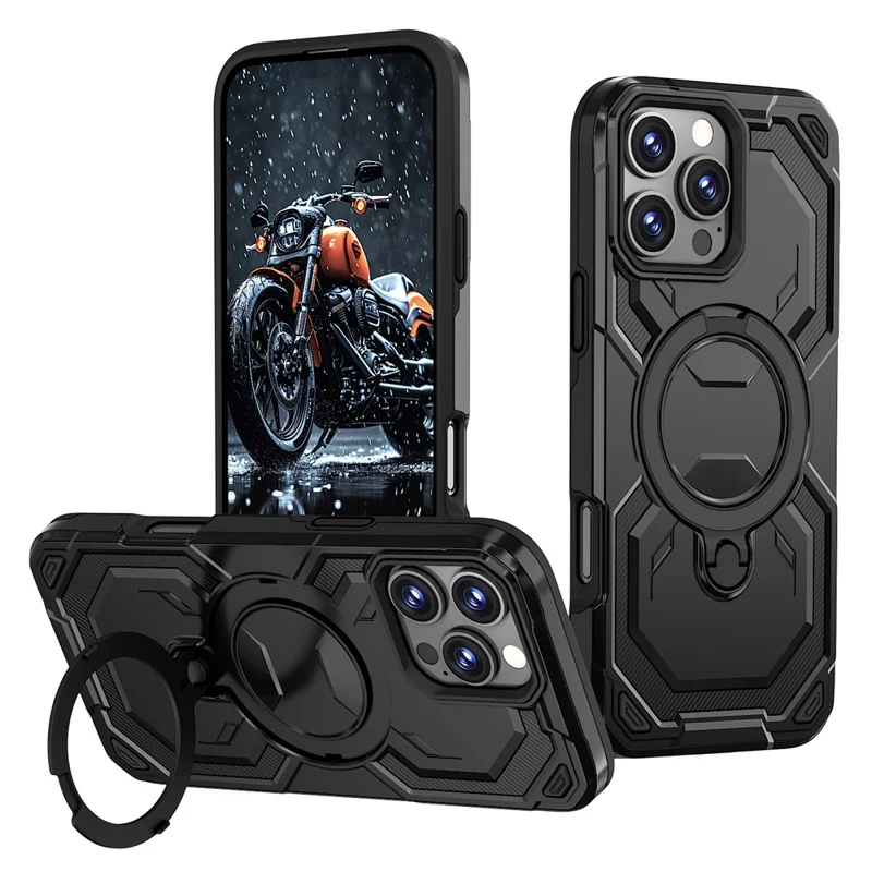 For iPhone 16 Pro Max Magnetic Case Ring Kickstand PC + TPU Hybrid Phone Cover - Black