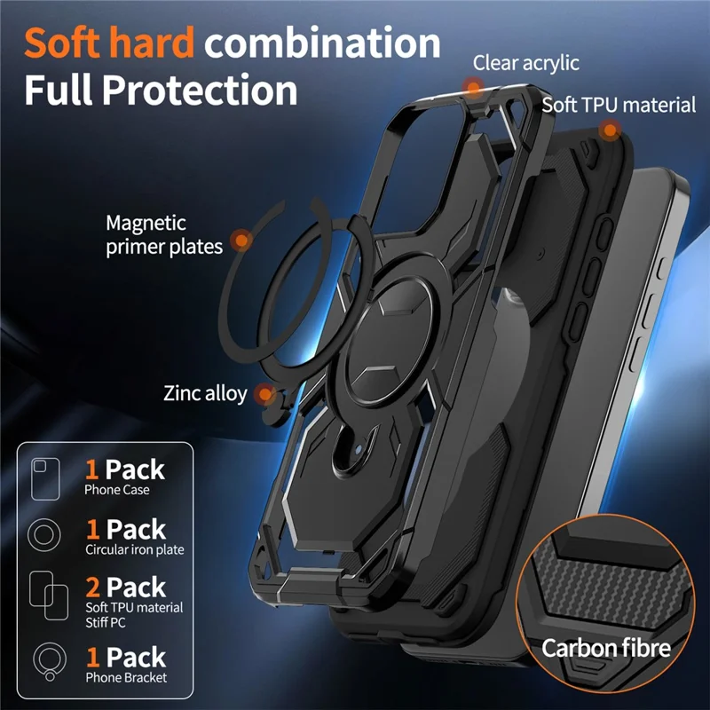 For iPhone 16 Pro Max Magnetic Case Ring Kickstand PC + TPU Hybrid Phone Cover - Black