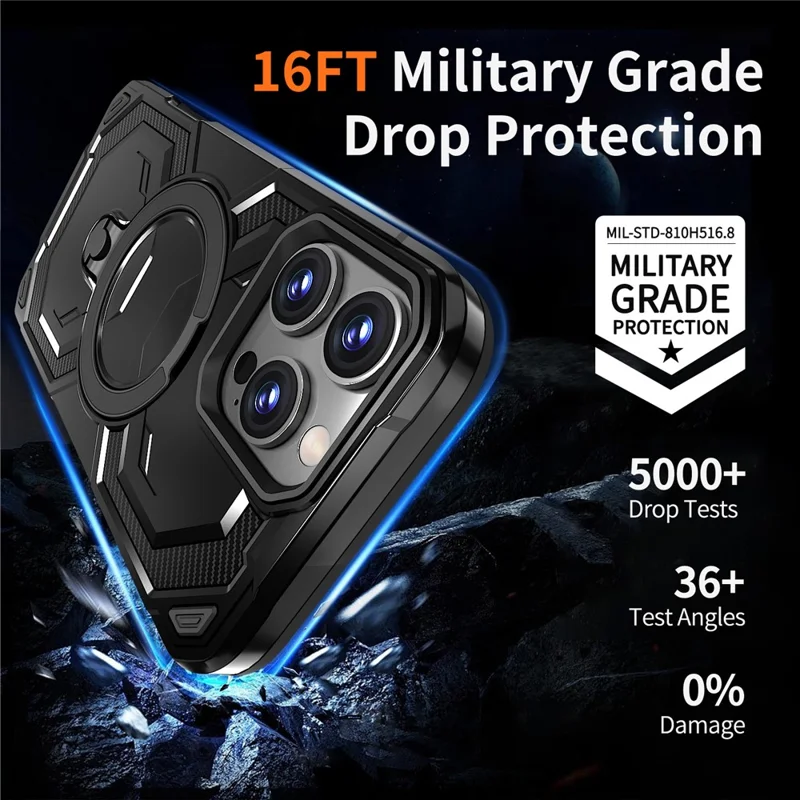 For iPhone 16 Pro Max Magnetic Case Ring Kickstand PC + TPU Hybrid Phone Cover - Black