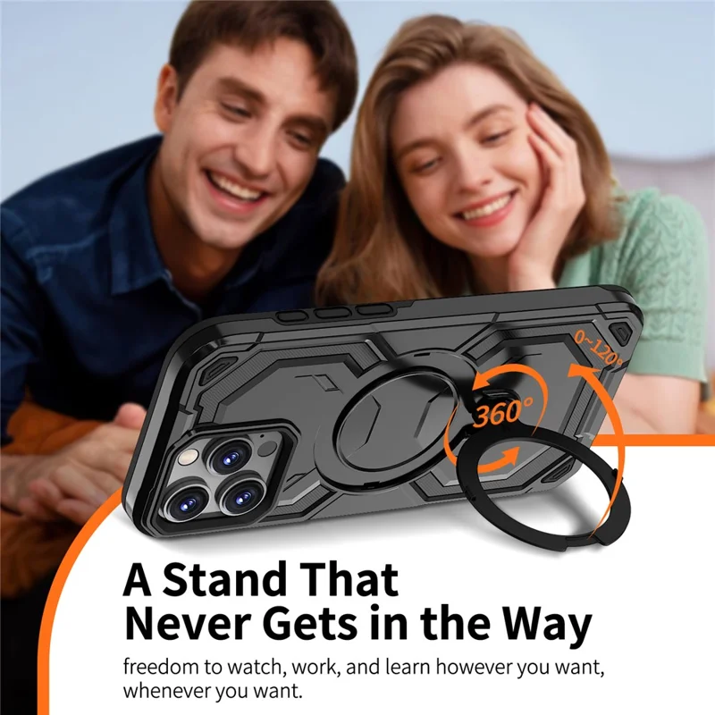 For iPhone 16 Pro Max Magnetic Case Ring Kickstand PC + TPU Hybrid Phone Cover - Black