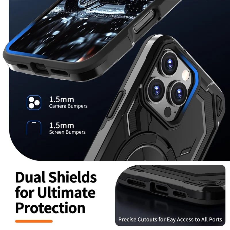 For iPhone 16 Pro Max Magnetic Case Ring Kickstand PC + TPU Hybrid Phone Cover - Black