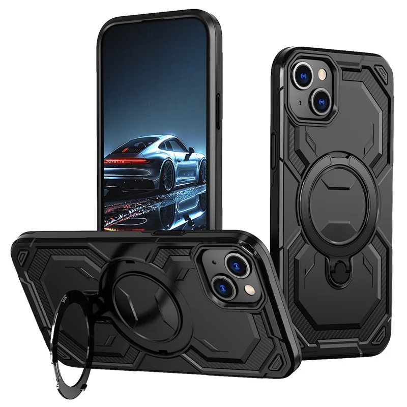 For iPhone 15 Magnetic Case Ring Kickstand PC + TPU Hybrid Phone Cover - Black