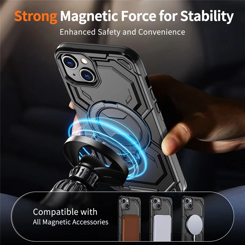 For iPhone 15 Magnetic Case Ring Kickstand PC + TPU Hybrid Phone Cover - Black