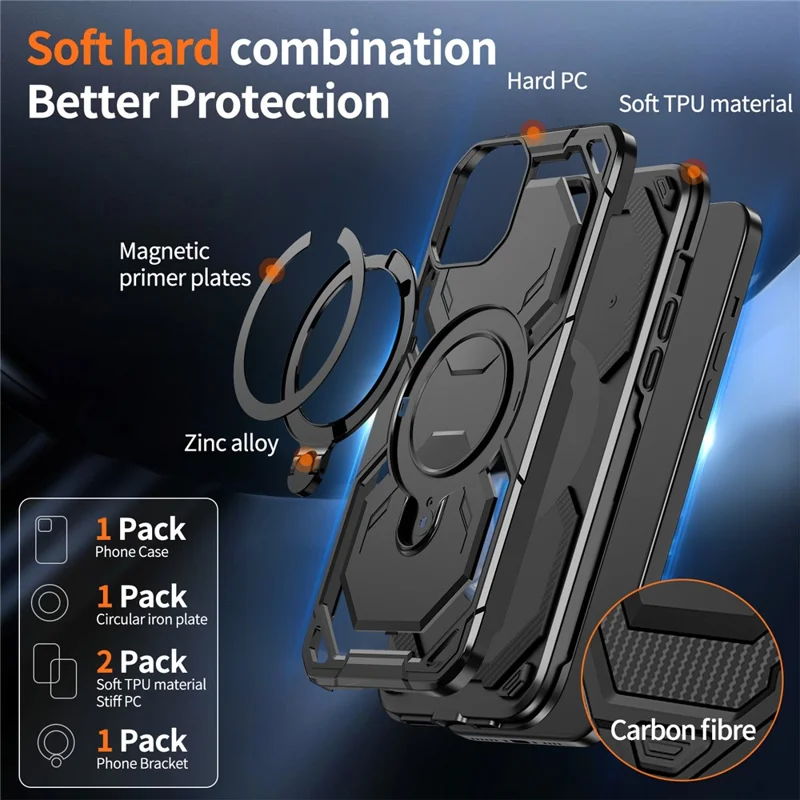 For iPhone 15 Magnetic Case Ring Kickstand PC + TPU Hybrid Phone Cover - Black