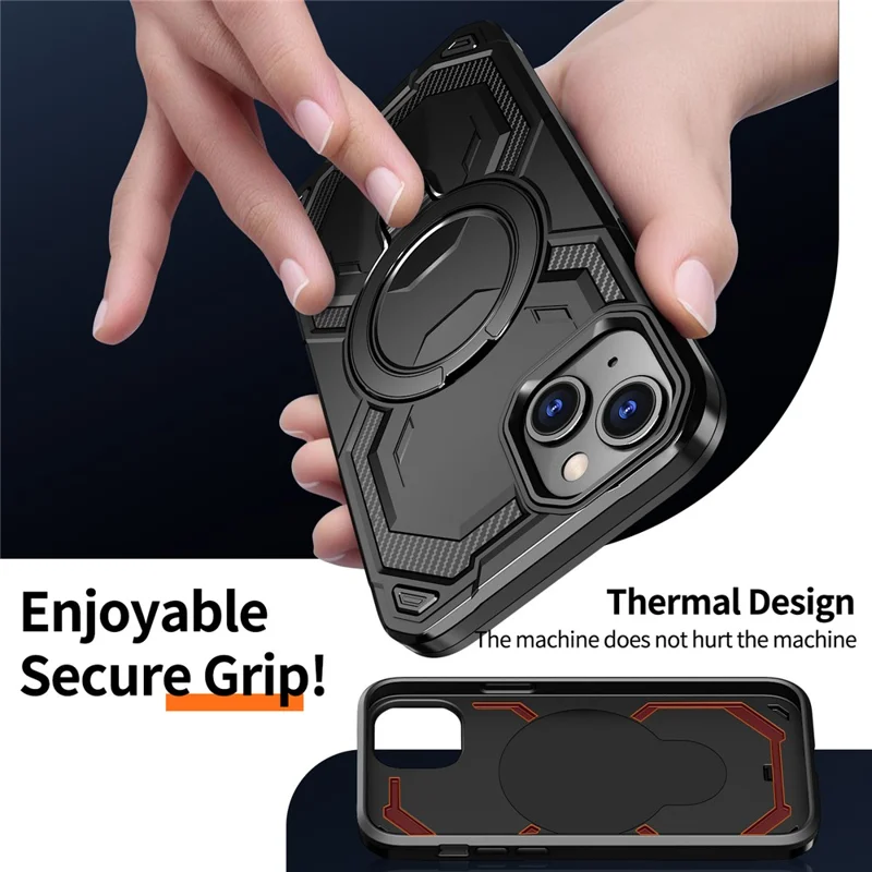 For iPhone 15 Magnetic Case Ring Kickstand PC + TPU Hybrid Phone Cover - Black