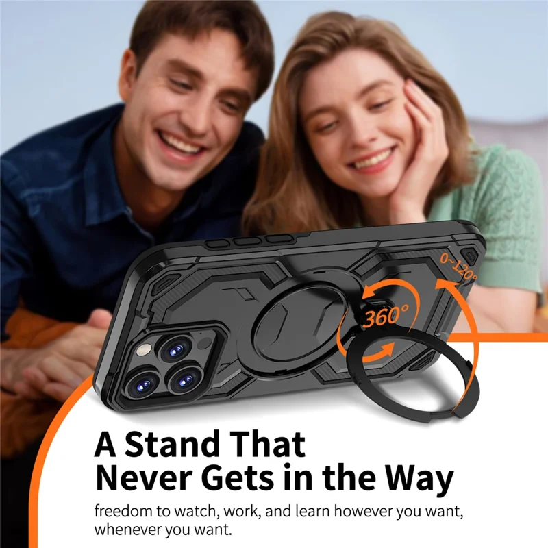 For iPhone 15 Pro Magnetisk Case Ring Kickstand PC + TPU Hybrid Telefonbeskyttelse - Sort